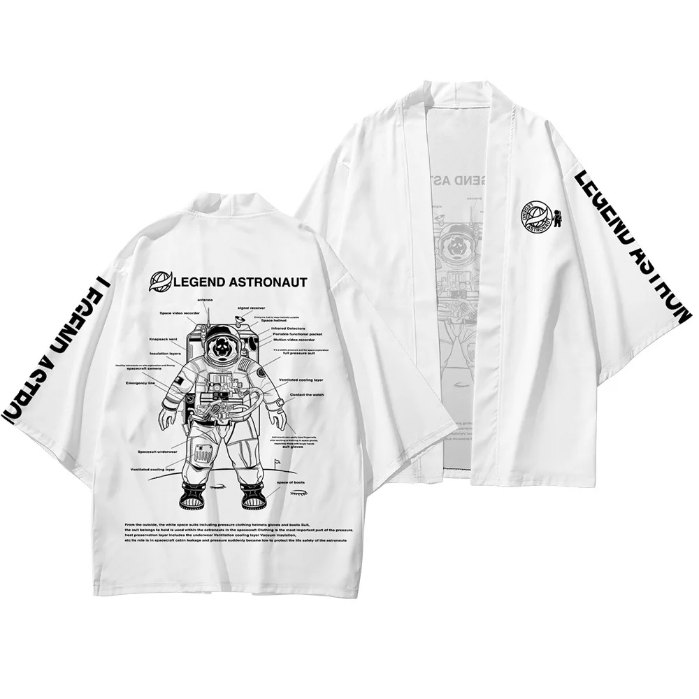 

Fashion Cardigan And Pant Haori Yukata Men Kimono Samurai Harajuku White Astronuat Print Streetwear Clothing Jacket Obi