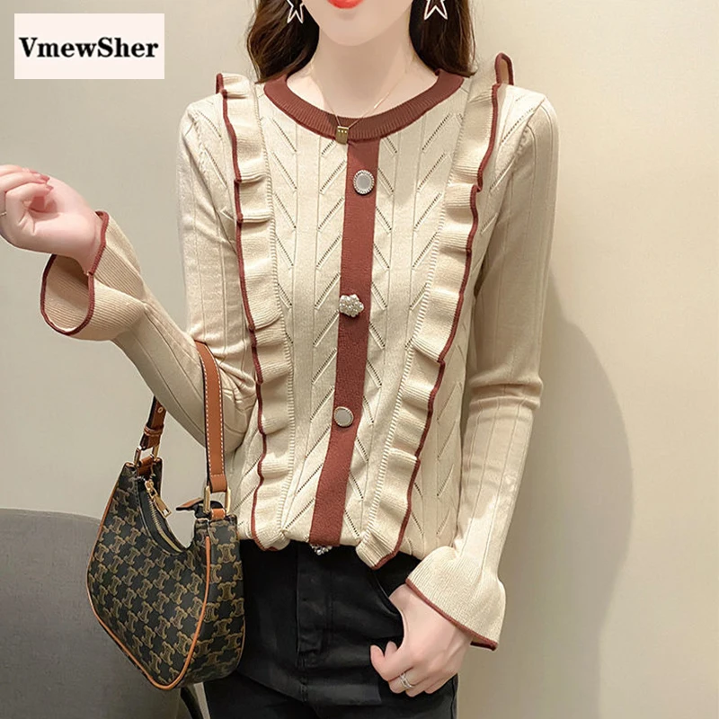 

VmewSher New Spring Autumn Women Sweater Knitted Casual Long Sleeve Ruffles Pullover O-neck Color Block Knitwear Jumper Chic Top