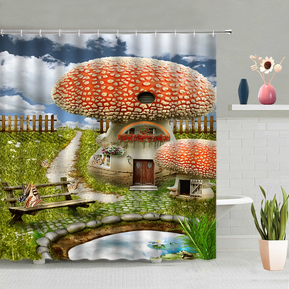 

European Street Garden Green Vine Building Fountain Shower Curtain Cartoon Mushroom House Butterfly Flower Pattern With Hook Set