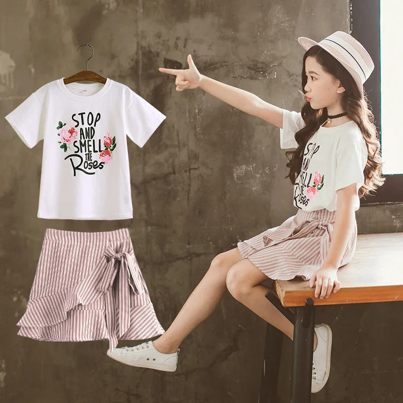 

2021 Summer New Children's Suit Girls Rose Flower Letter Printing Suit Children's Brand Short-sleeved T-shirt Suit