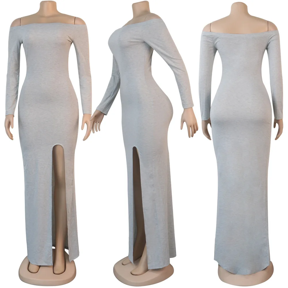 

Side High Split Office Lady Club Party Dress Women Off Shoulder Long Sleeve Celebrity Dress Streetwear Grey Backless Maxi Dress