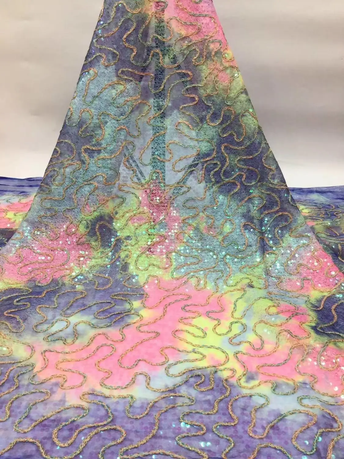 

Multicolor High Quality Sequins African Guipure Cord Lace Fabric Soft French Mesh New Style Cord Rope Embroidery Lace For Party