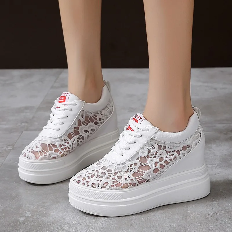 

Women Chunky Sneakers Platform Shoes Women White Lace Flower Shoes Heigh Increase 8cm Wedges Shoes For Women Casual Shoes