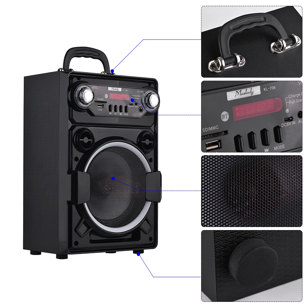 Muslady KL-709 портативный беспроводной BT динамик Красочный Светодиодный светильник Встроенный перезаряжаемый аккумулятор со слотом для карт памяти USB