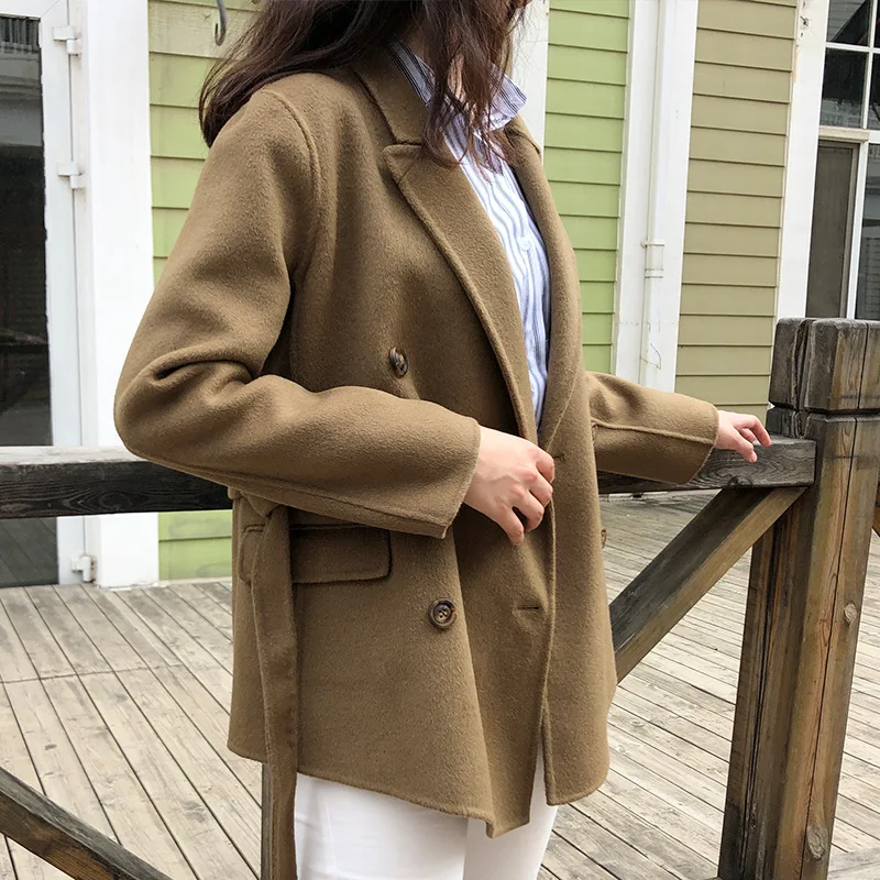 

Женский короткий кашемировый пиджак, повседневный двубортный свободный шерстяной жакет ручной работы с поясом на шнуровке, пальто в Корейс...