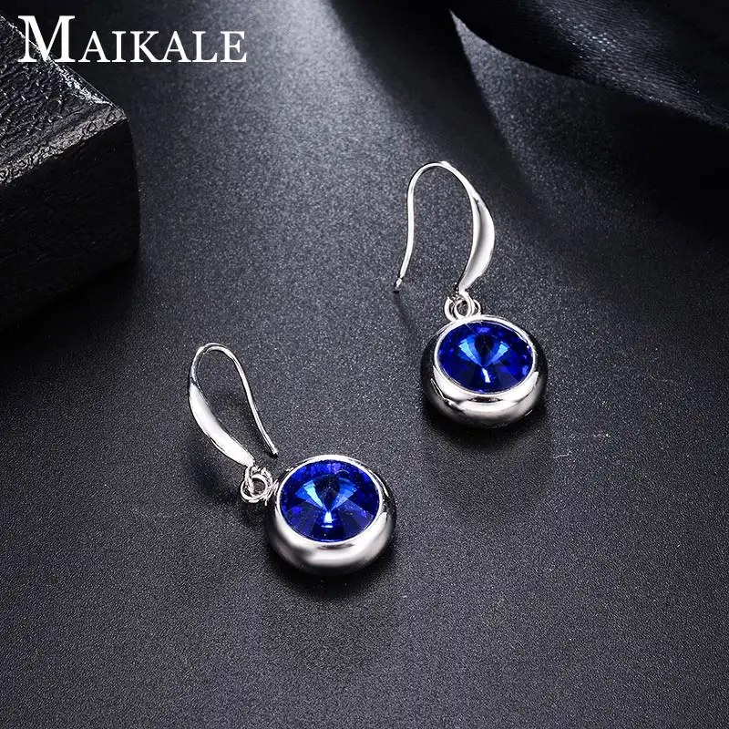 6-silver-royal blue Женские разноцветные серьги MAIKALE, круглые модные серьги-подвески с крючком с золотистым/серебристым покрытием и фианитом для подарка - Окраска металла: 6-silver-royal blue