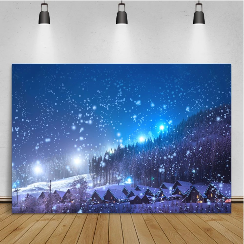 

Laeacco Winter Night Snow Scene Forest Snowflake Glitter Street Lamp Room Decor Portrait Backdrop Photographic Photo Background