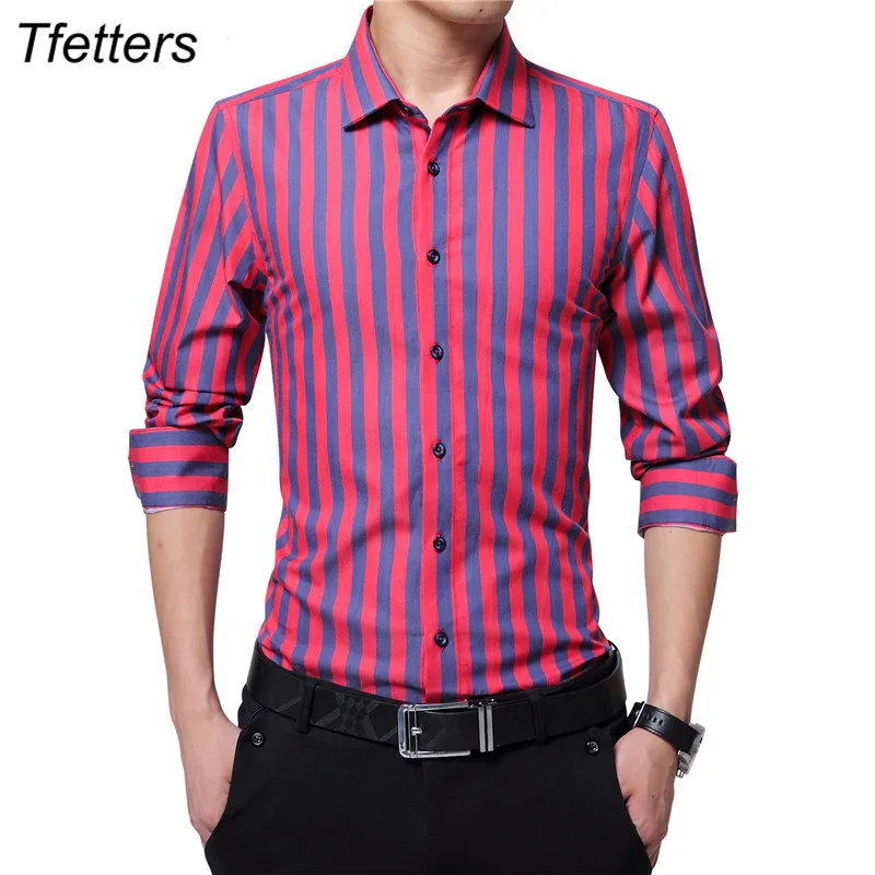 TFETTERS Brand New Men Striped Casual Shirts Long Sleeve Mens Cotton Turn Down Collar Chemise Homme Plus Size 5XL | Мужская одежда