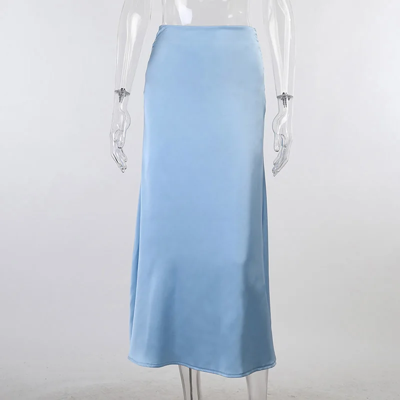 

Vintage Satin Fashion Summer Elegant Solid Long Skirts for Women Harajuku High Waist A-line Mid Calf Long Maxi Skirt Office Lady