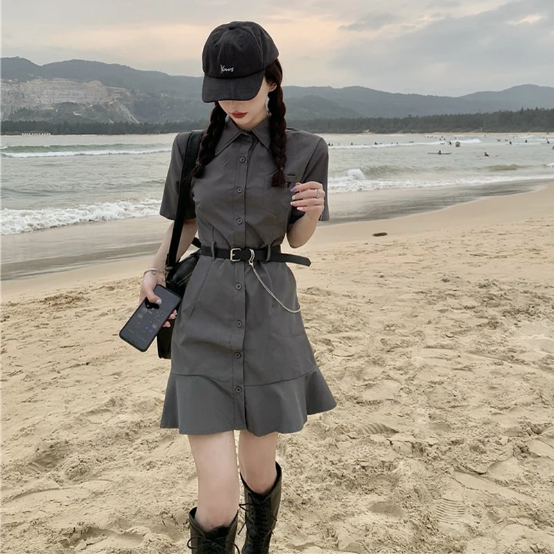 Женское платье рубашка с оборками маленькое короткое в западном стиле юбкой годе