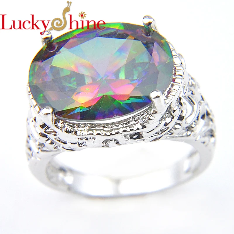 

Luckyshine Europe popular Jewelry Oval Mystic Rainbow Cz Zircon Gems Rings Silver Plated Lovers Jewelry Rings