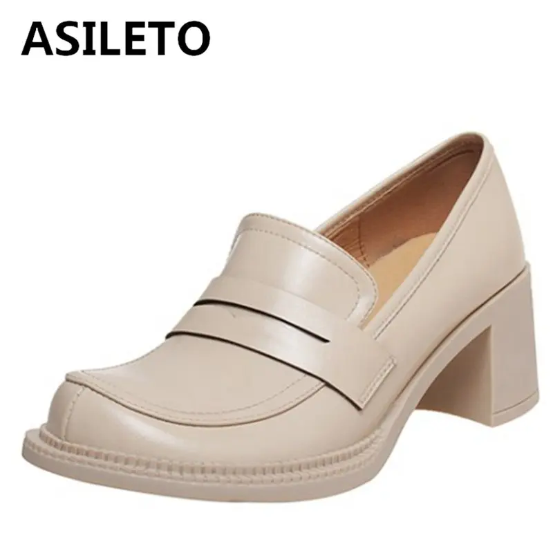 

Весенние модные однотонные лаконичные туфли ASILETO 2021, лоферы из натуральной кожи, слипоны 5,5 см, на квадратном высоком каблуке, Дамская обувь ...