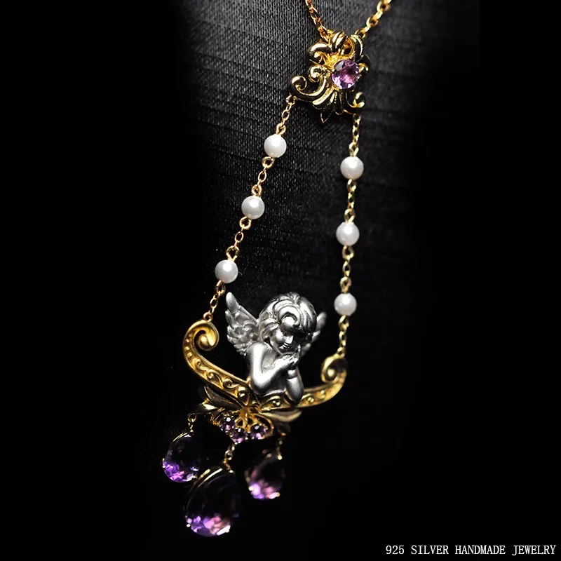 

2021 High Jewelry Necklace Vintage Palace Jewelry Fashion Natural Amethyst Necklace Angel Jewelry S925 Silver Gold Plated party