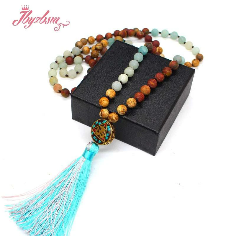 

Natural Stone Beads 108 Beads Necklaces For Women Female Payer Regious Nepal Pendant Long Mala Necklace Jewelry 8mm Matte Beads