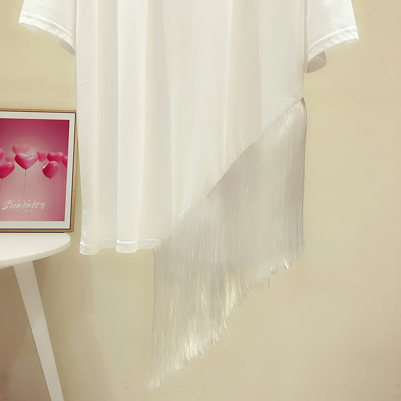 

White Basic Shirt Irregular Tassel Stitching Round Neck Short-Sleeved T-shirt Women's 2021 Summer New Loose All-Matching Top