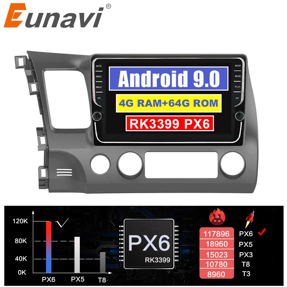 Автомагнитола Eunavi 4 Гб + 64 ГБ 2 DIN IPS Android 9 0 мультимедийный видеоплеер с GPS для Honda Civic