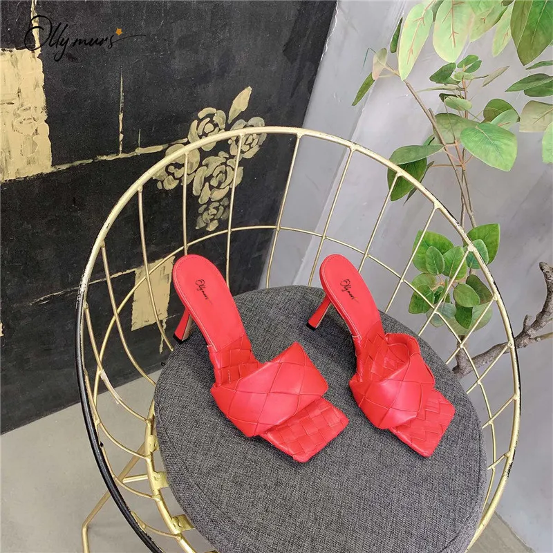 

OllyMurs New Fashion Style Black Blue Woman Summer Slippers Sexy Square Toe Thin High Heel Women Shoes Slippers Shoes Woman