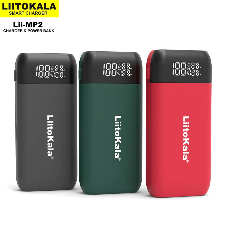 

LiitoKala Lii-MP2 18650 21700 battery charger & power bank QC3.0 input/output digital LED display for mobile phone charging, etc