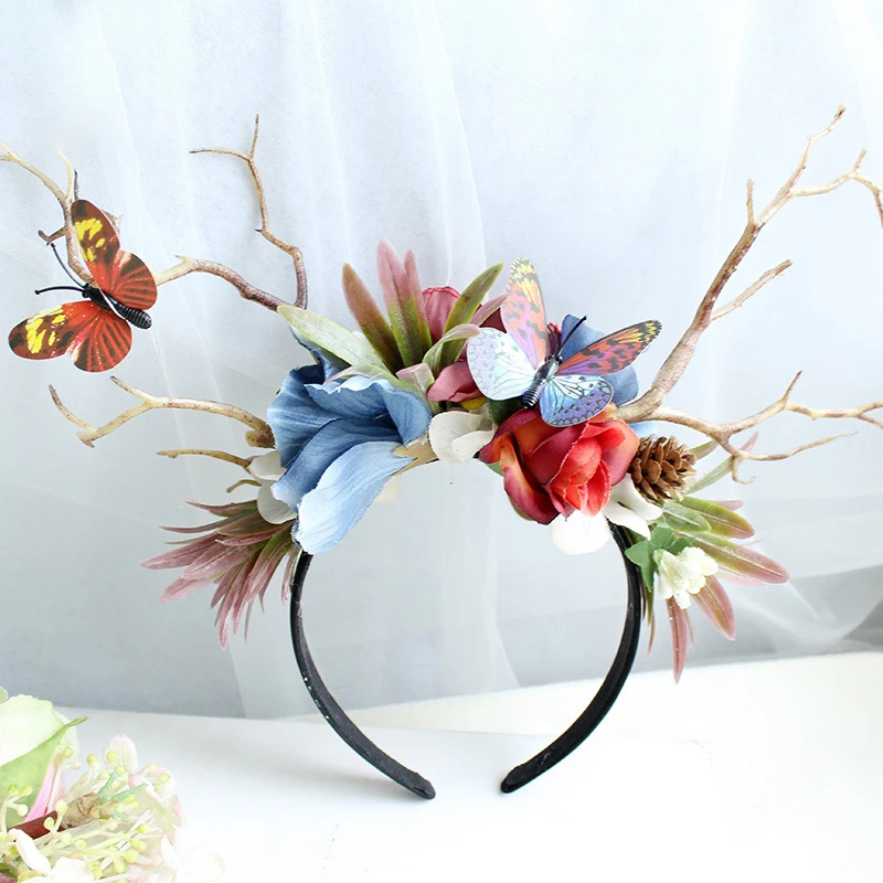 

SD008 Delicate Christmas Antler Headpiece Simulated Plastic Flower Butterfly Alloy Hairband Prom Party Costume Cosplay Headband