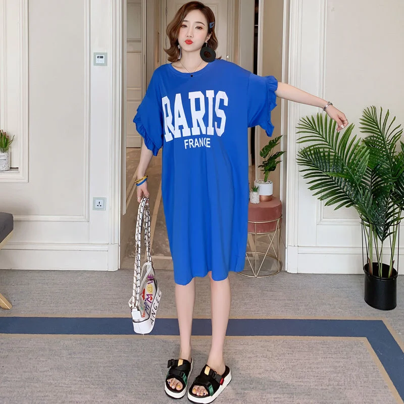 

Ruffles Sleeve T Shirt Dress For Women Cotton Loose Letters Printed Casual Dressed Ladies Knee Length Summer