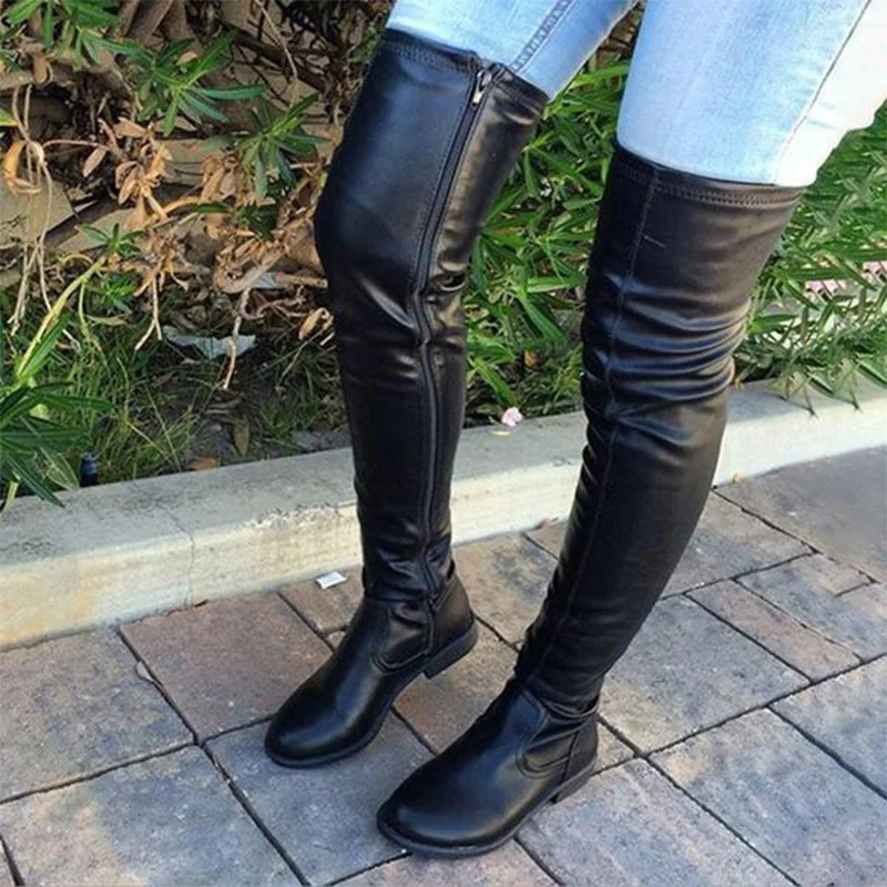 2023 New Winter Black Over The Knee Boots Shoes Women Pu Low Heels Stretch Thigh High Sexy Woman's Boots Casual Feminina Botas