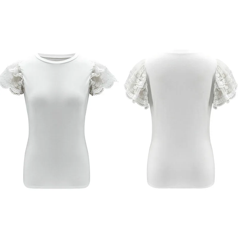 

Casual Women White Black O neck T Shirt Summer Petal Short Sleeve Lace Tops Solid Ladies Office T-shirts Tees Streetwear