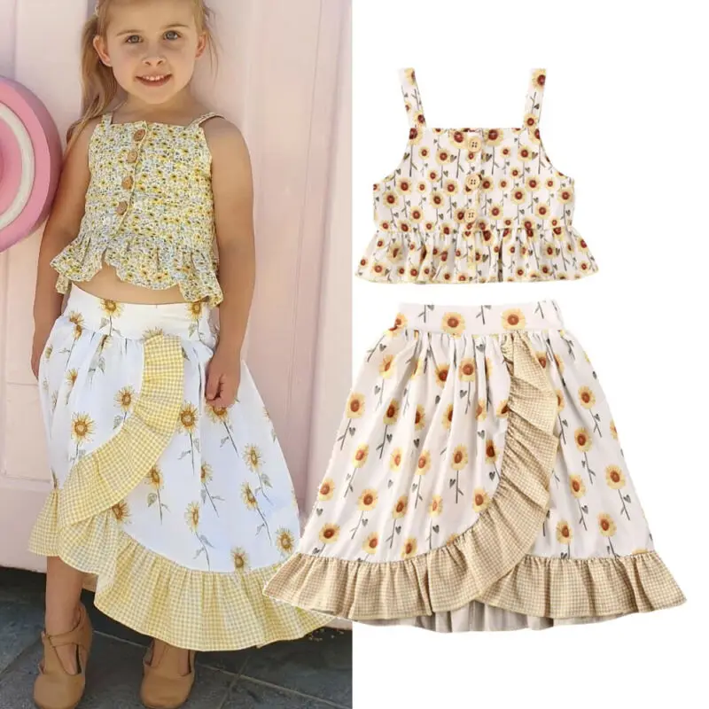 2020 детские топы с подсолнухом для маленьких девочек платье оборками летняя
