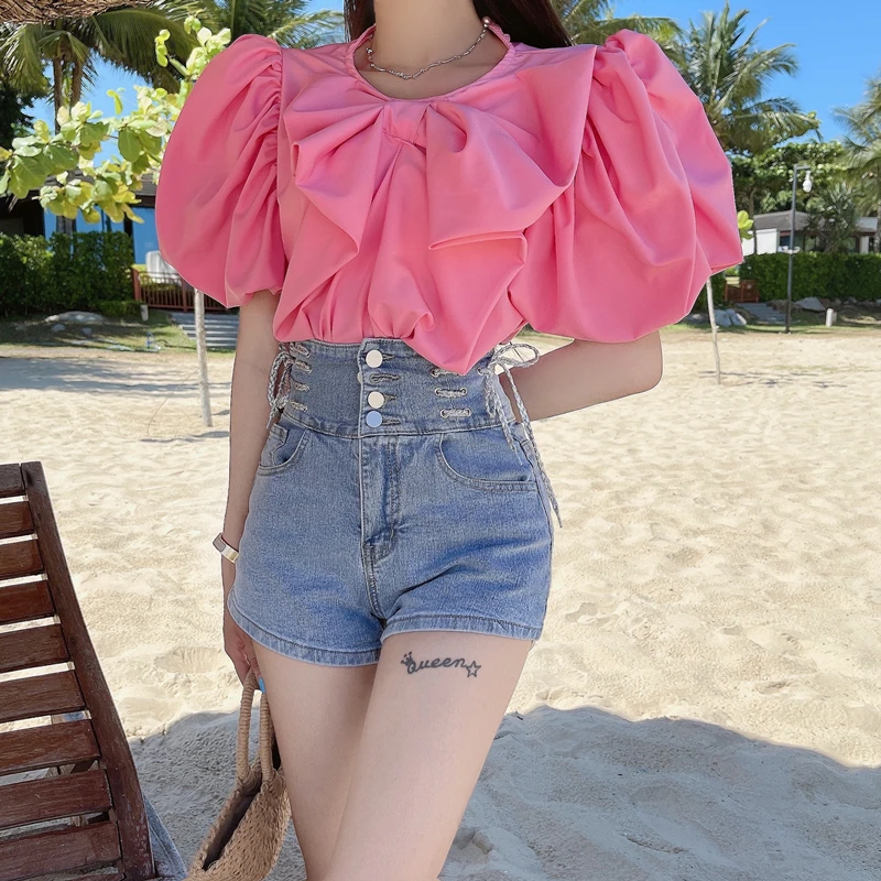 

Женская шифоновая рубашка с коротким рукавом, свободная блузка в стиле ретро с пышными рукавами и бантом, Корейская версия, лето 2021