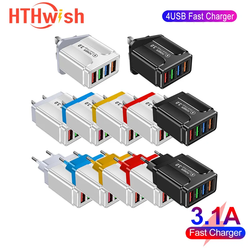 

4 USB Charger Quick Charge 3.0 Fast Charging for iPhone 11 12 Xiaomi Mi Note 10 Pro Tablet Portable Wall Mobile Charger Adapter