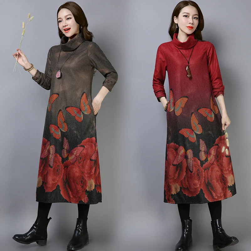 Осенне-зимнее винтажное шикарное свободное шерстяное платье большого размера с