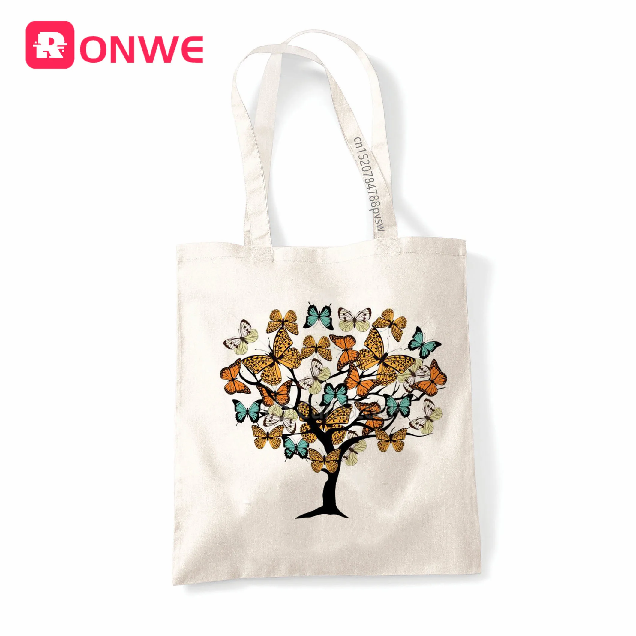 Многоразовая холщовая женская сумка тоут с принтом бабочки и дерева эко для