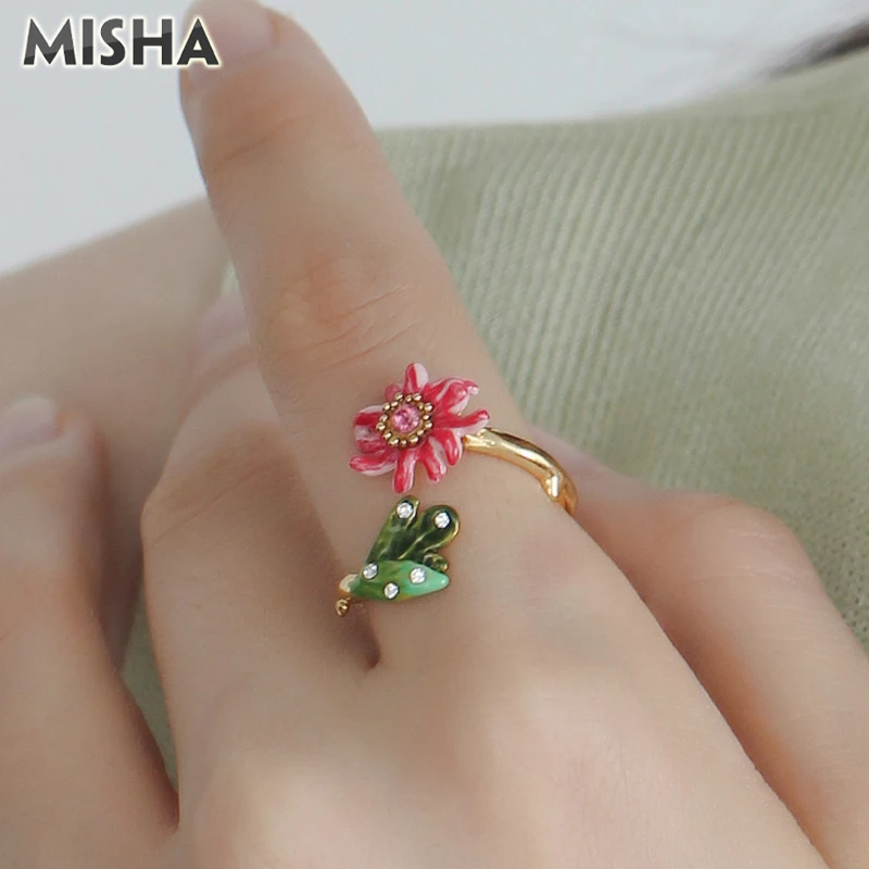 MISHA женские открытые кольца гранат цветок форма эмаль глазурь имитация