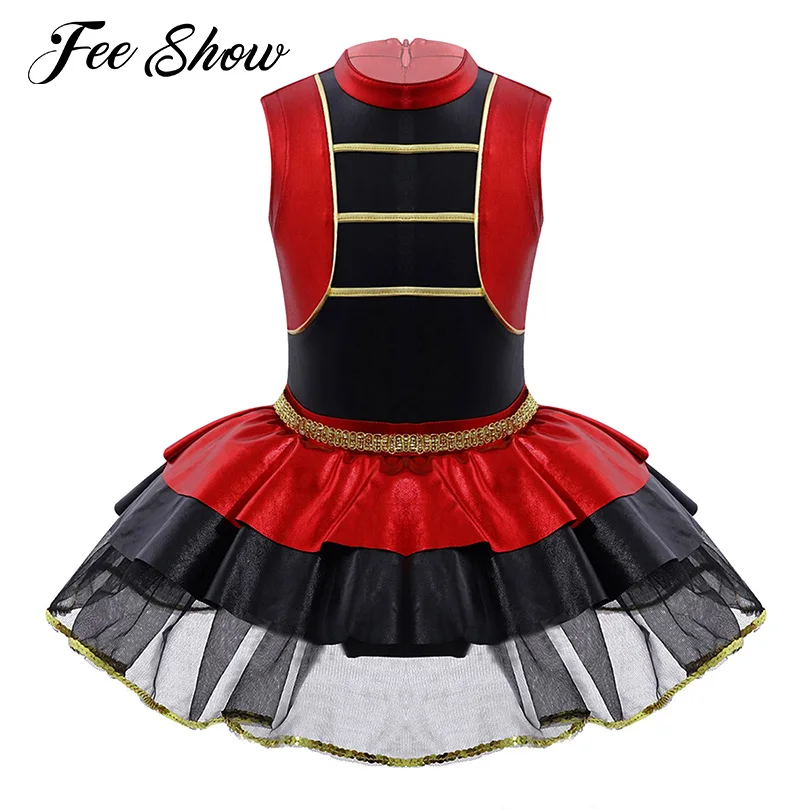 

Red Kids Girls Sleeveless Dance Dress Jumpsuit Layered Mesh Tutu Dress Color Contrast Latin Tango Dance Competition Performance
