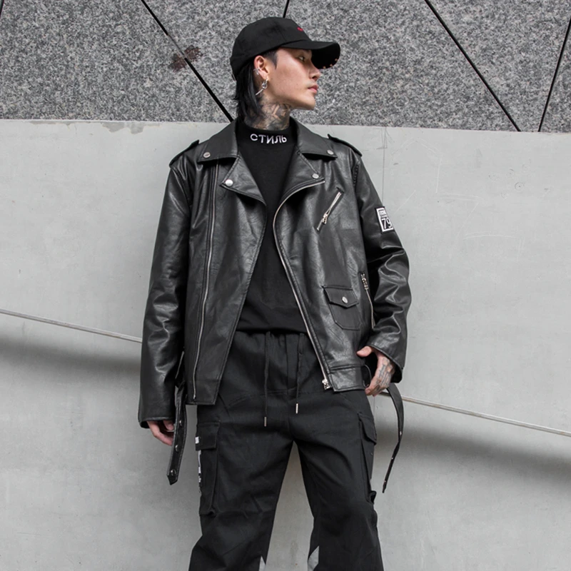 Мужская кожаная куртка в стиле панк рок черная из искусственной кожи на молнии с