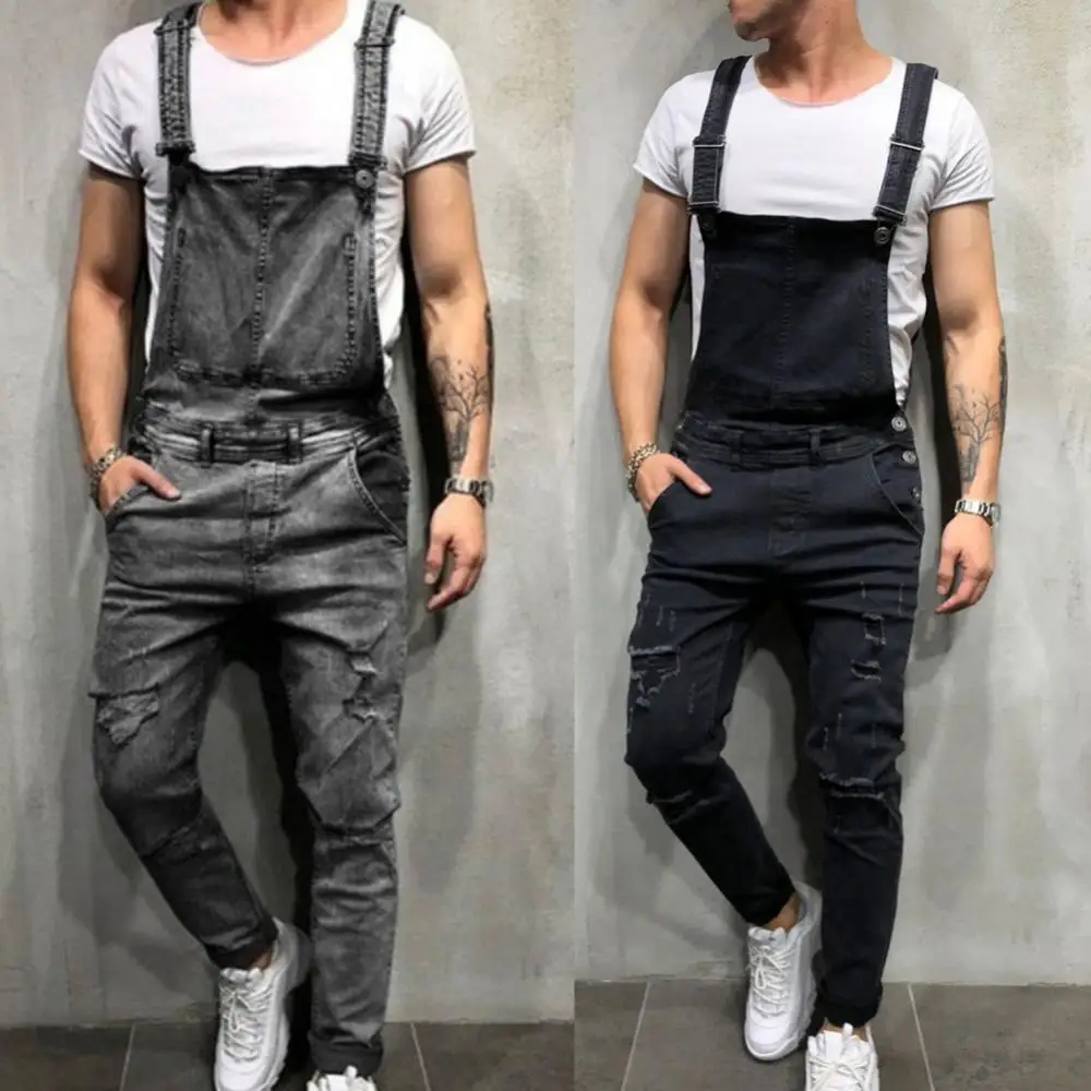 Джинсовый комбинезон мужской с дырками длинные рваные брюки из денима в ретро