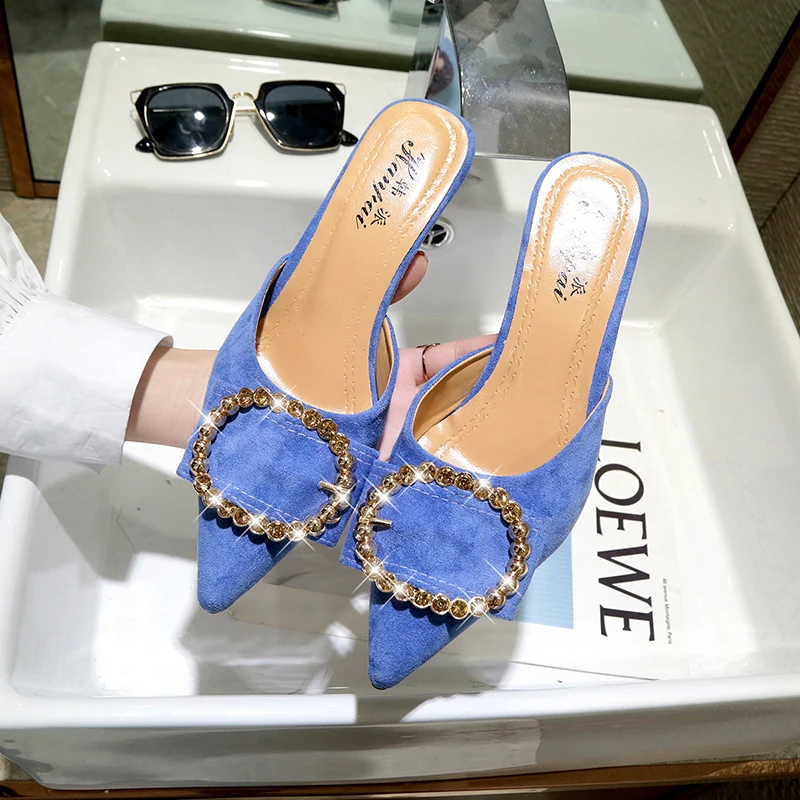 Мюли женские летние на высоком каблуке заостренный носок странный стиль Уличная