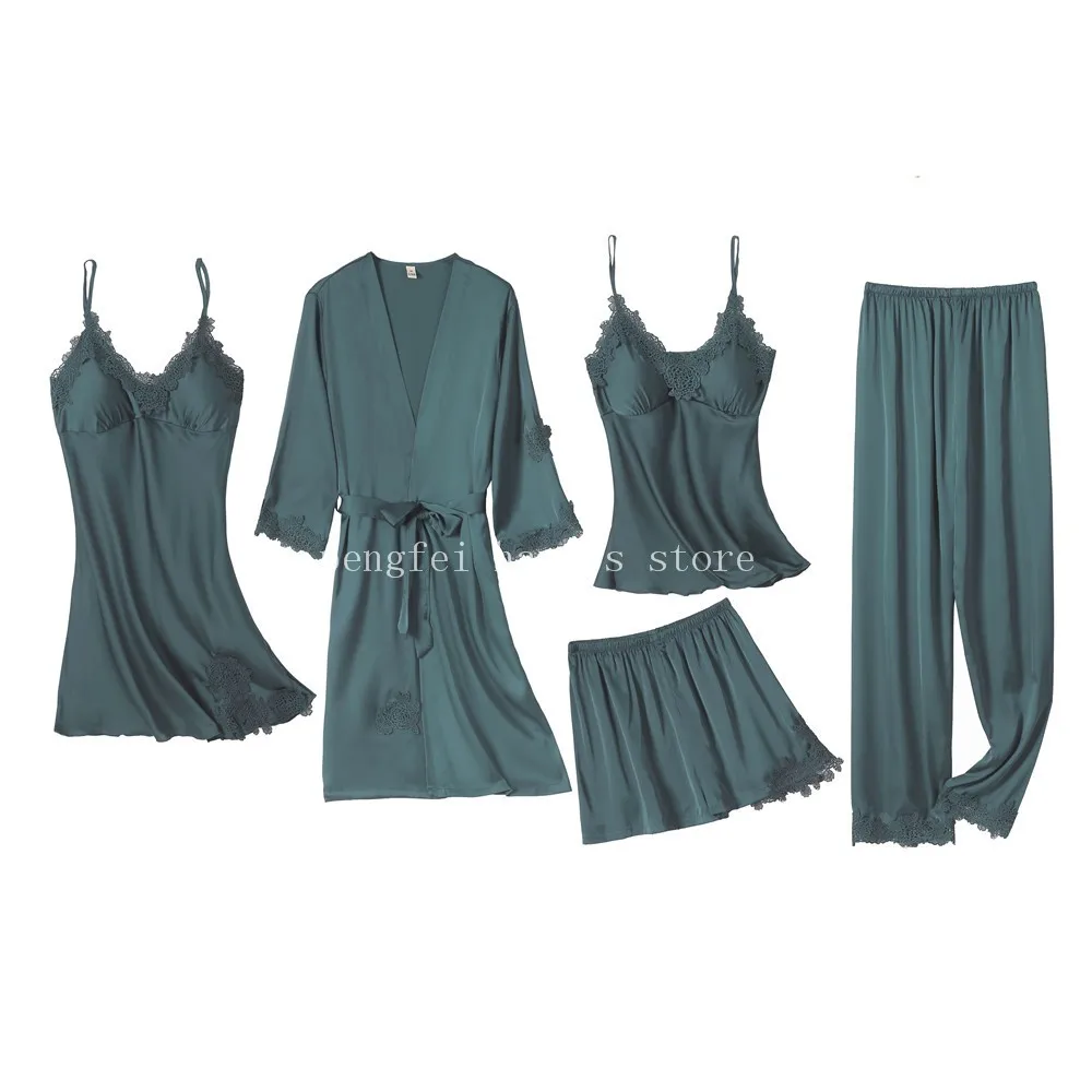 

Lace Sexy Homewear Intimate Lingerie Green Pajamas Women's Summer Suit Loose Nightwear Pyjamas With Pants Satin Sleepwear