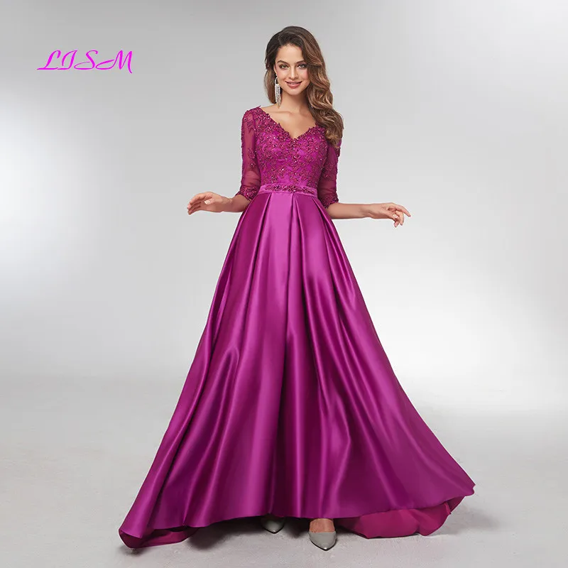 Фиолетовые Вечерние платья с короткими рукавами 2020 элегантные кружевные Длинные - Фото №1