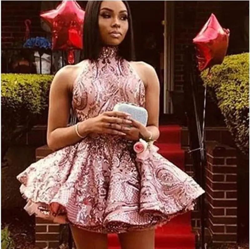 

Vestidos De Pink Sequins Cocktail Dresses Sexy Backless Halter Sleeveless Mini Short Prom Party Gown Ball Gown Gala Dress