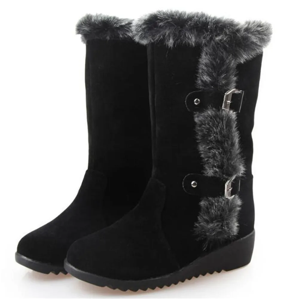 Winter Warm Women Cotton Shoes Ladies Mid Calf Boots High Tube Classic Thick Fleece Models Snow Boots Muje Plus Size 35-42 Black