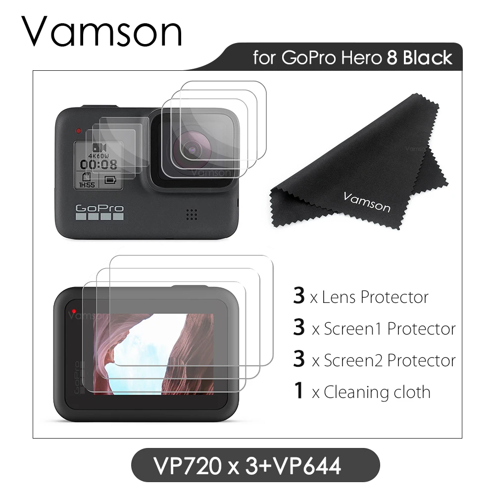 VP720x3-VP644 Vamson для GoPro Hero 8 черный 7 6 5 Защита экрана для Go pro Hero7 черный объектив камеры аксессуары защитная Пленка чехол VP710G - Цвет: VP720x3-VP644