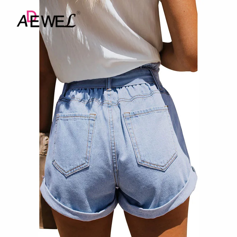 ADEWEL Women Casual Loose Ladies Fashion Roll Up Hem Elastic Waist Pocket Blue White Jeans Female Summer High Denim Shorts | Женская