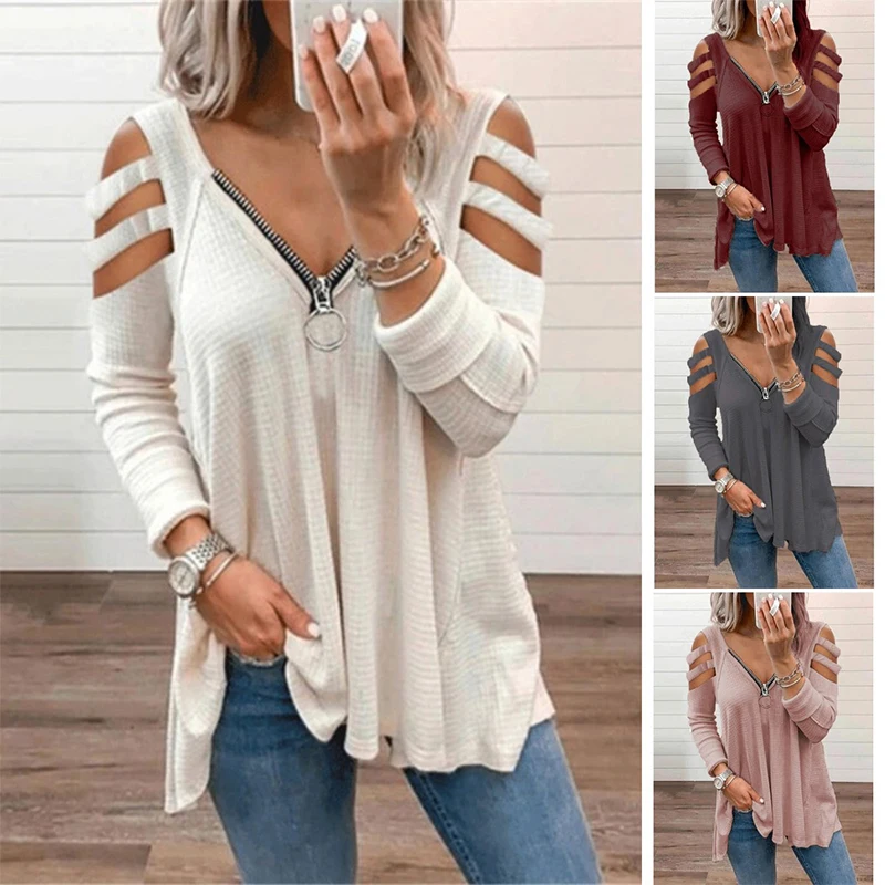 

Spring Autumn Fashion Sexy Hollow-Out Tops Women Casaul Long Sleeve Female Clothes Pullover V-neck Zipper Loose Lady Tshirts Tee