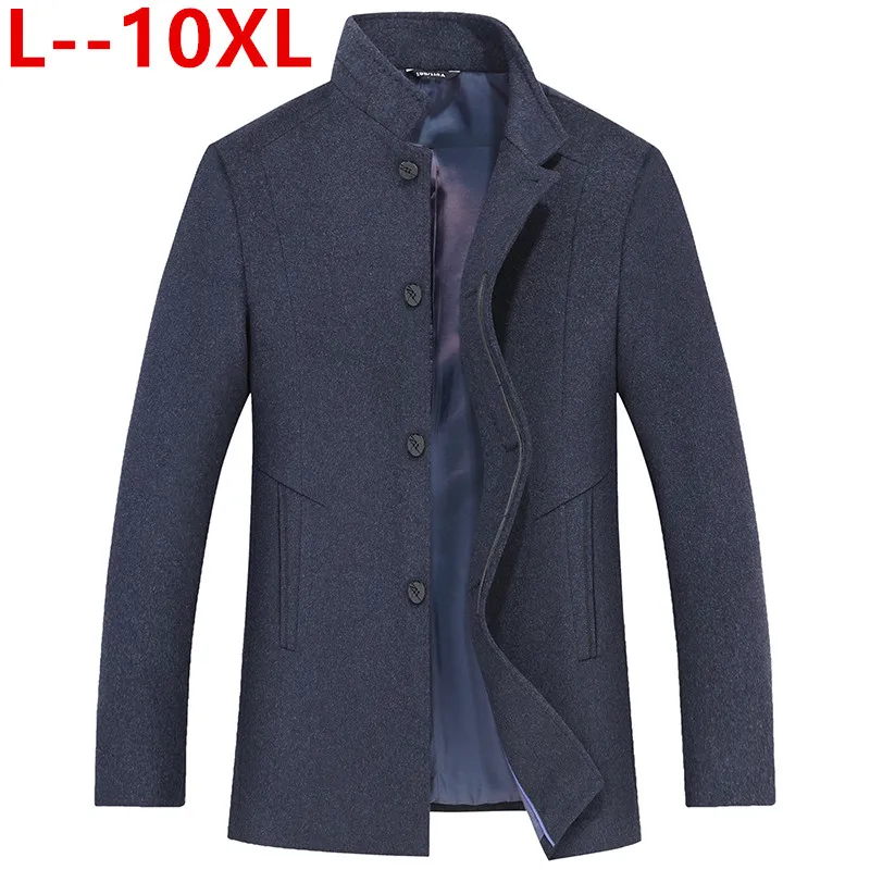 

8XL 6XL Men Winter 10XL Men's New Fashion Solid Color Warm Thick Wool Blends Woolen Pea Male Trench Coat Overcoat