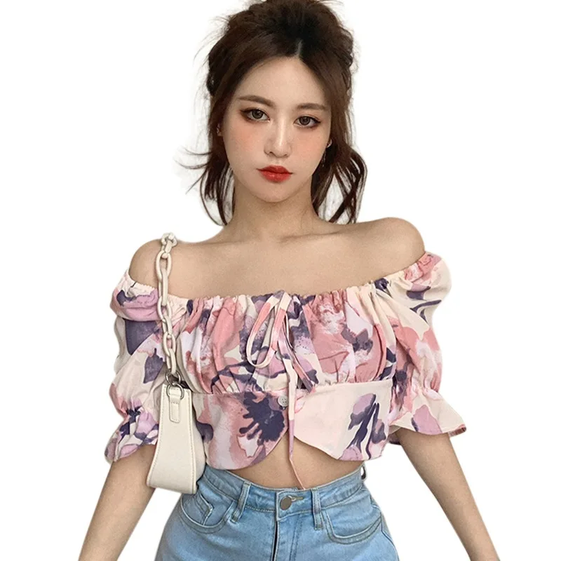 

Women's Floral Print Slash Neck Shirt Summer Sexy Sweet Short Sleeves Chiffon Blouses Tops