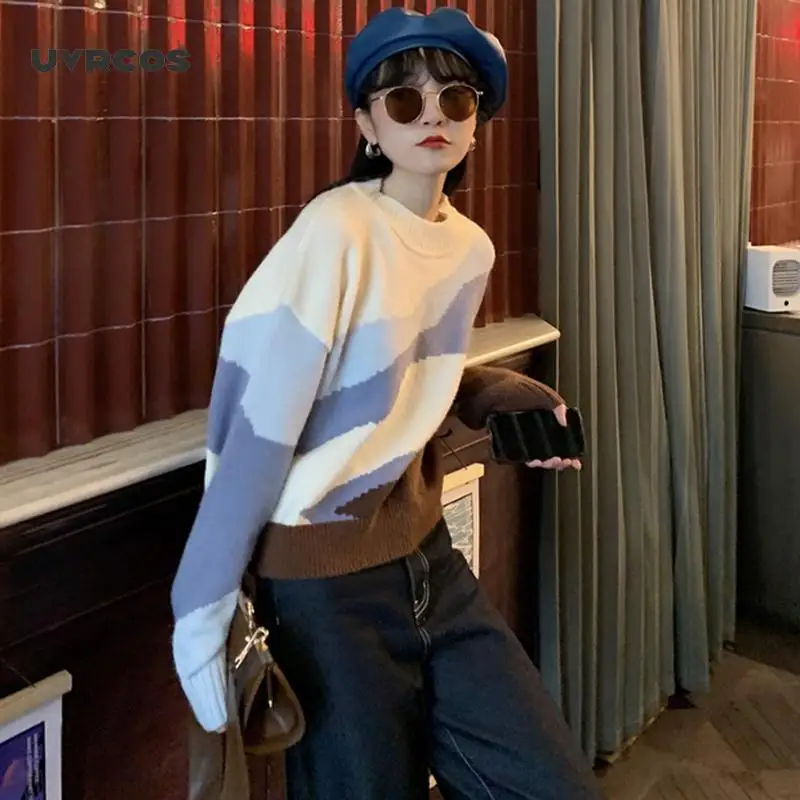 

Block Color Vintage Knitted Sweater Pullovers Women O-Neck Long Sleeve Loose Casual Outwear Striped Jumpers