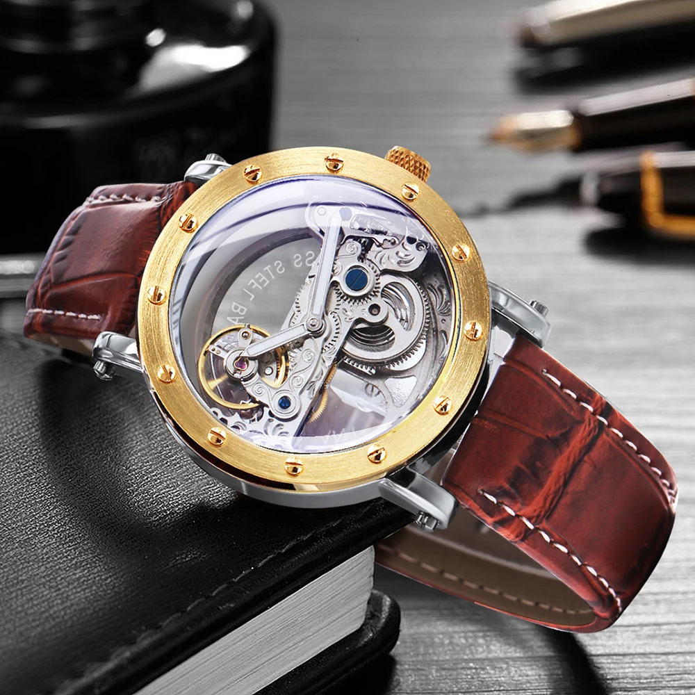 Мужские автоматические механические часы-скелетоны с гравировкой и золотым