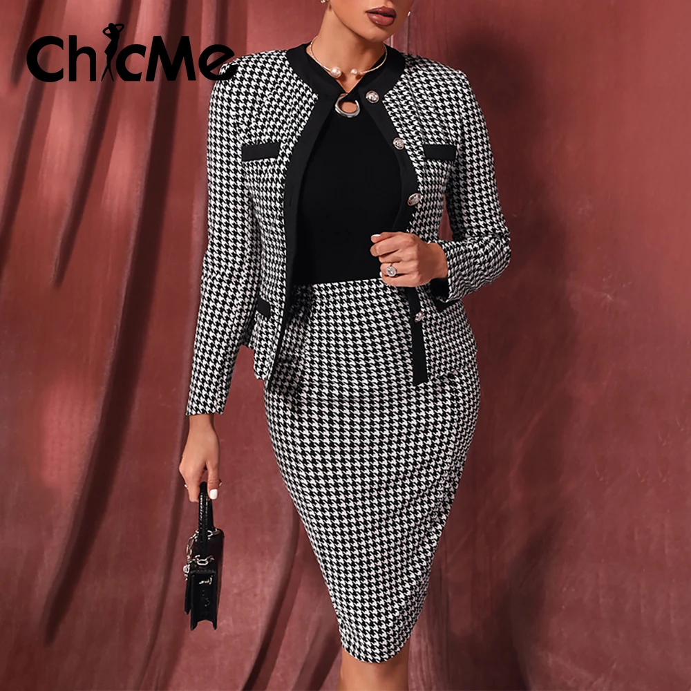 

Chicme Женский комплект из двух предметов с принтом «гусиная лапка» на пуговицах спереди пальто и юбка-карандаш средней длины комплект элеган...