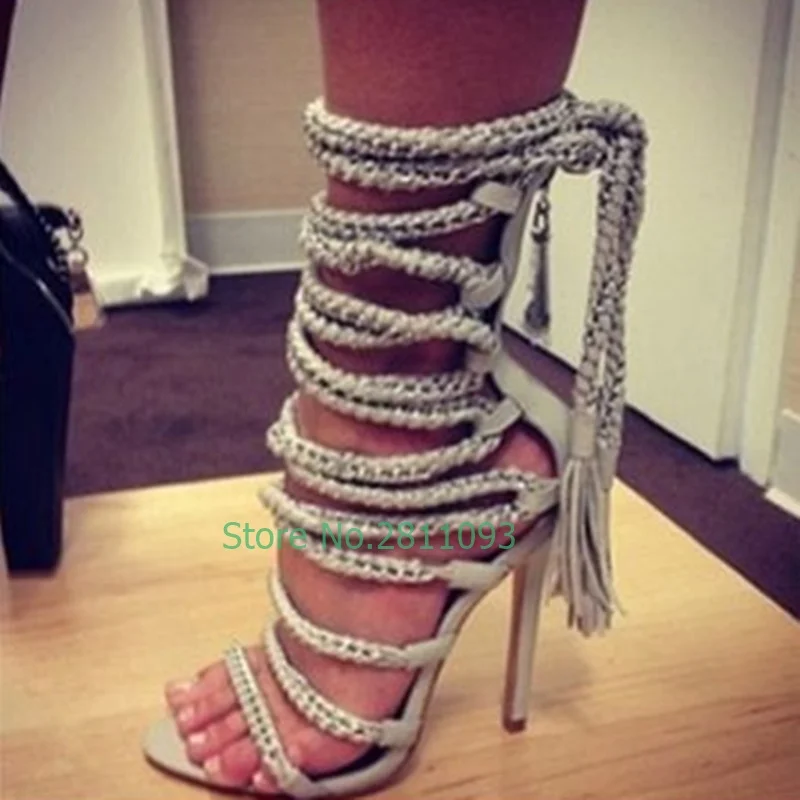 

Metal Chain Gladiator Sandals Ankle Strap Crisscross Roman Open Toe Women Summer Sandals Thing High Heel Runway Hot Weather Shoe