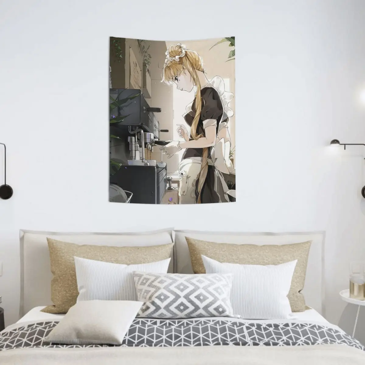 Anime Moon Girl Coffee Kawaii Tapestry Wall Hanging Print Polyester Cute INS Throw Rug Blanket Room Decor 95x73cm | Дом и сад